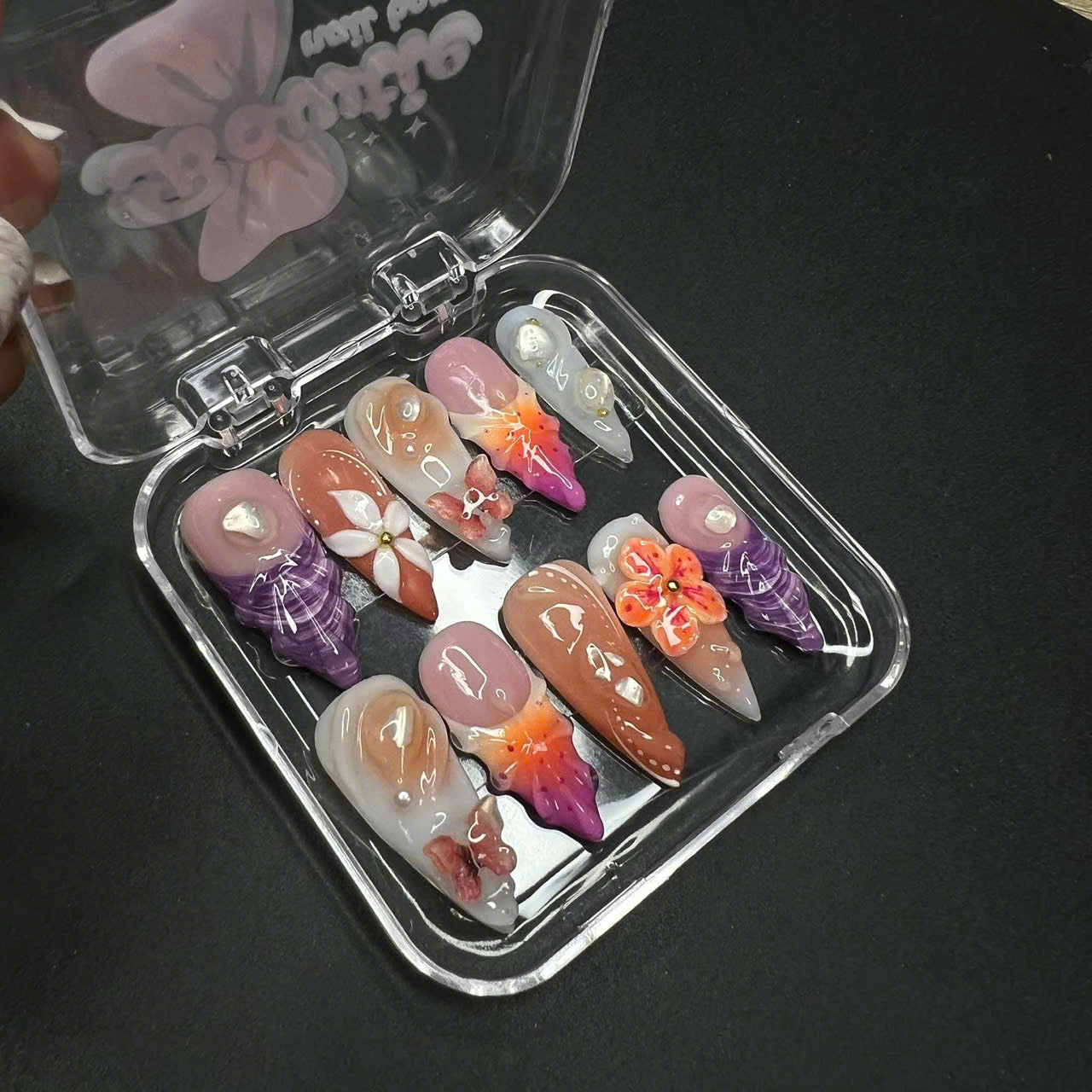 Tropical Blossom 3D Press-On Nails โ Floral Sunset Nail Set with Jelly Texture | Nailvera