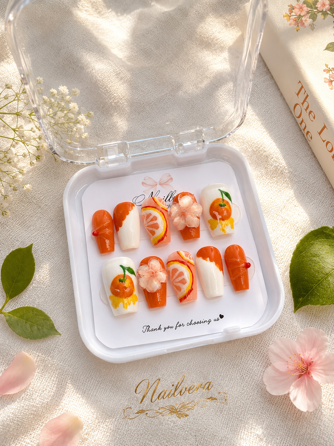 Orange Blossom Press-On Nails – Handmade 3D Citrus Gel Nail Set