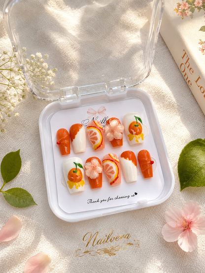 Orange Blossom Press-On Nails – Handmade 3D Citrus Gel Nail Set