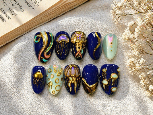 Deep Ocean Jellyfish Press-On Nails – Luxury Navy Blue & Gold Chrome, Iridescent Aurora Design, Reusable Nail Set