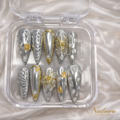 Silver Chrome Luxury Press-On Nails – 3D Pearl Gold Design | Nailvera Luxury Nails