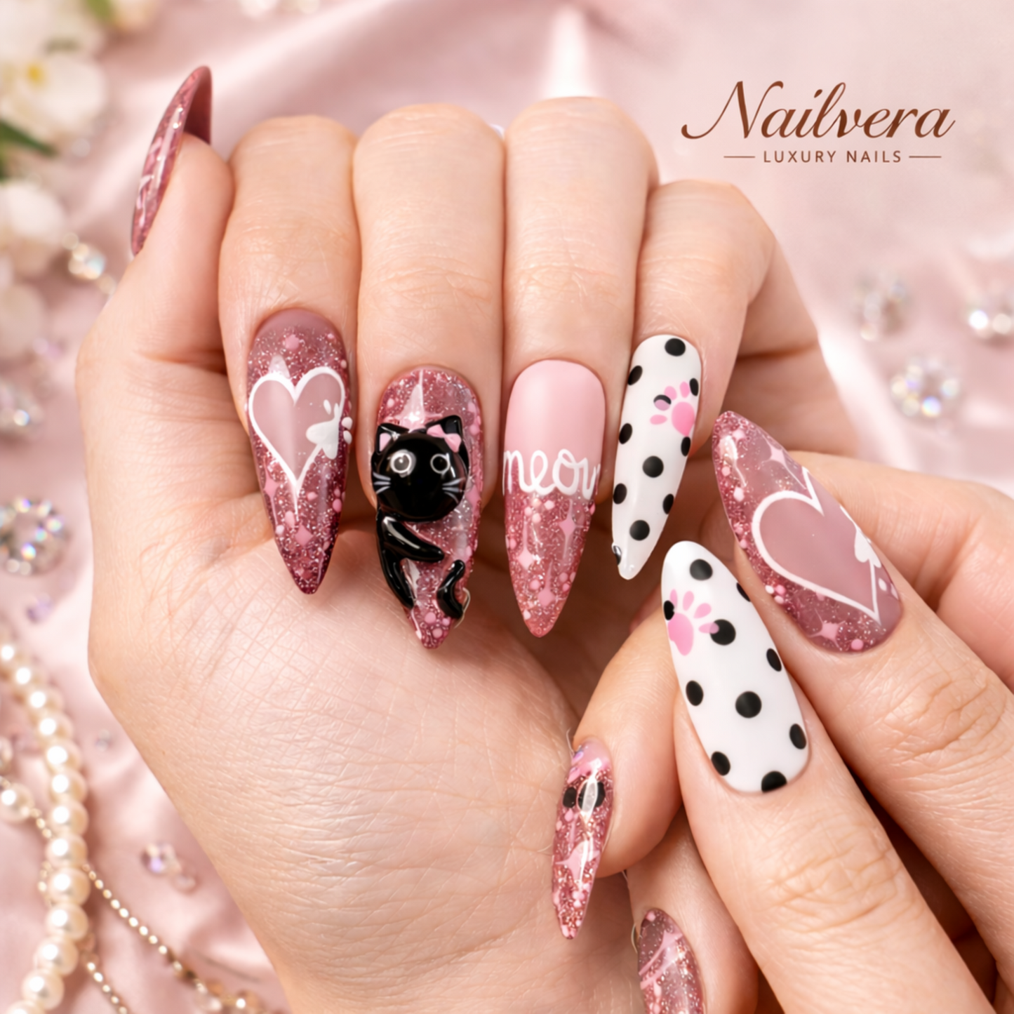 Cute Cat Press-On Nails – Pink 3D Charm Design, Glossy Handmade Nails for Trendy Girls 💕🐱