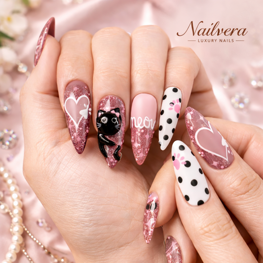 Cute Cat Press-On Nails – Pink 3D Charm Design, Glossy Handmade Nails for Trendy Girls 💕🐱