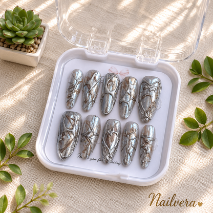 Silver Chrome Marble Press-On Nails – Handmade Metallic Luxury Gel Nail Set