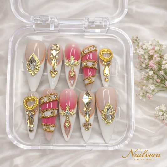 Royal Princess Press-On Nails – Nude Pink Gold Crystal Design | Nailvera Luxury Nails