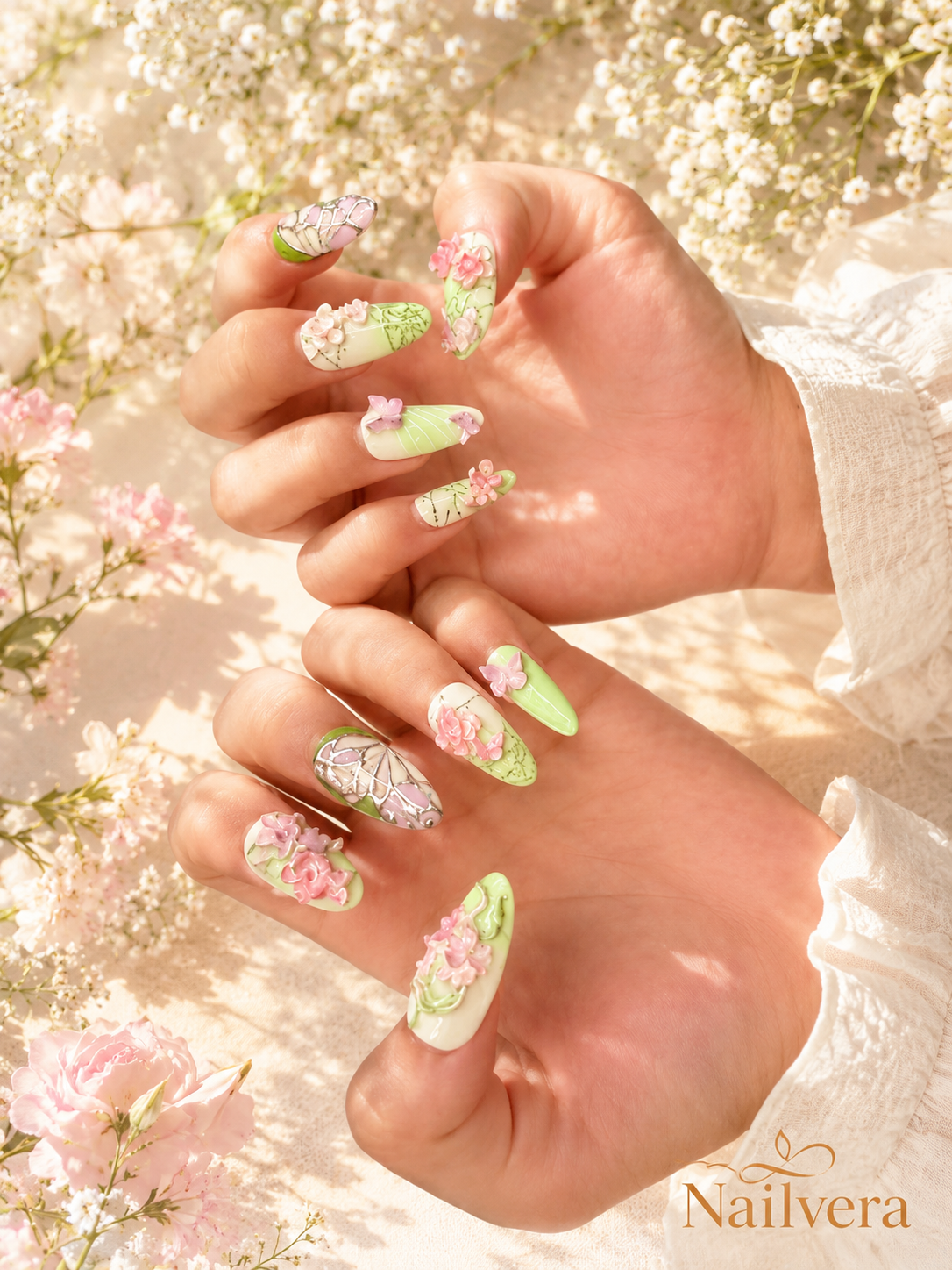 Butterfly Garden Press-On Nails – Handmade 3D Floral Sage Green Gel Nail Set
