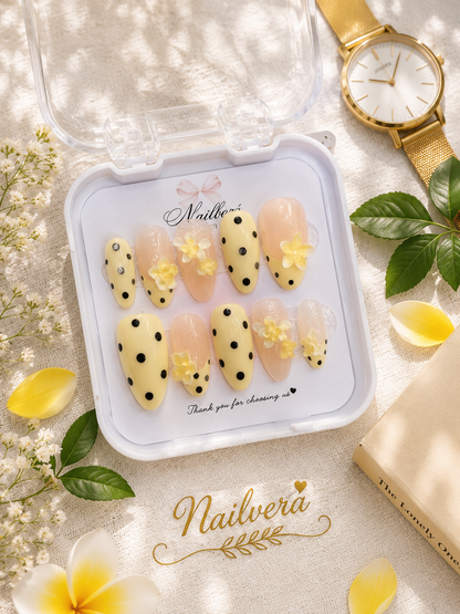 Butter Yellow Press-On Nails – Handmade 3D Plumeria Floral Gel Nail Set