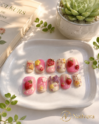 Strawberry Dessert Press-On Nails – Handmade 3D Kawaii Gel Nail Set