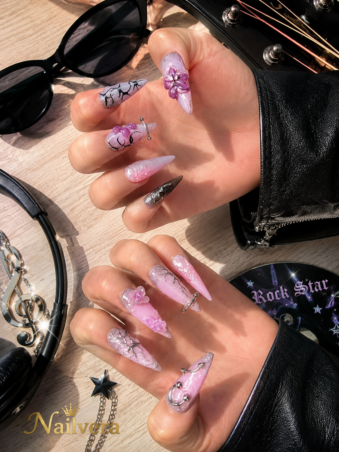 Lavender Gothic Press-On Nails – Handmade 3D Floral Chrome Gel Nail Set