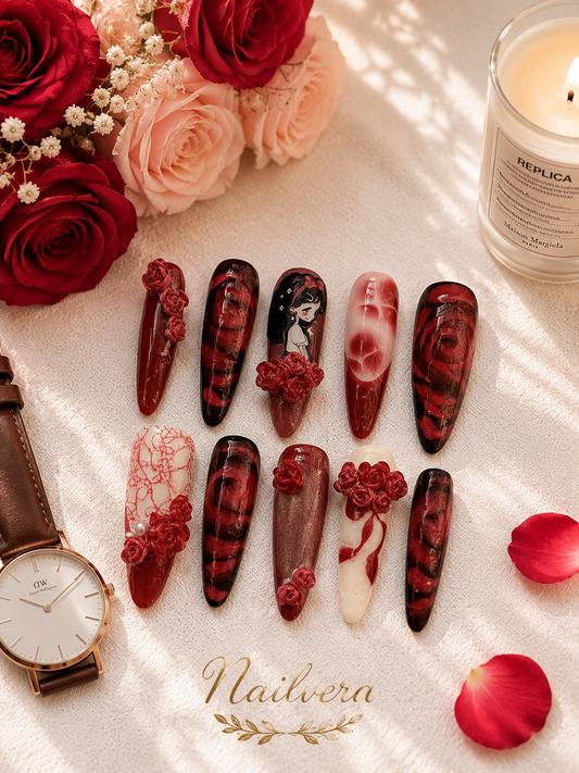 Dark Rose Anime Press-On Nails – Handmade 3D Rose Gothic Gel Nail Set