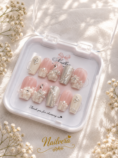 Pearl Blossom Press-On Nails – Handmade Bridal Luxury Gel Nail Set