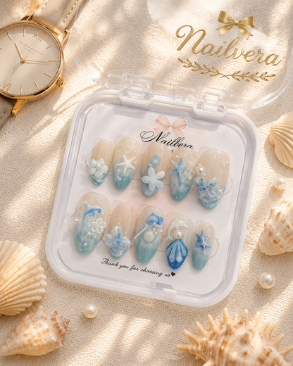 Ocean Breeze Press-On Nails – Handmade 3D Seashell & Starfish Summer Gel Nail Set
