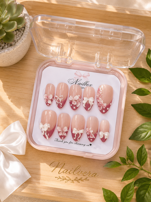 Pink Coquette Press-On Nails – Handmade 3D Bow & Floral Gel Nail Set