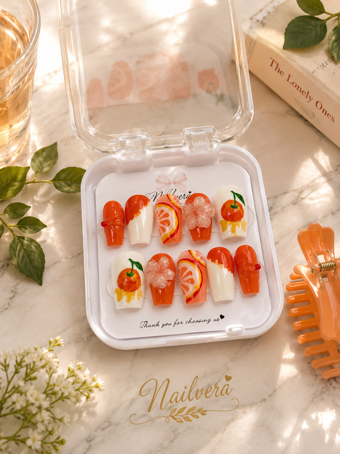 Orange Blossom Press-On Nails – Handmade 3D Citrus Gel Nail Set
