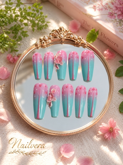 Pastel Ombre Press-On Nails – Handmade 3D Flower Gel Nail Set