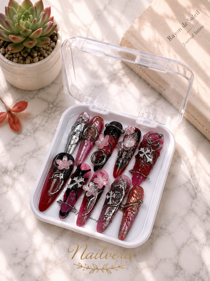 Dark Anime Press-On Nails – Handmade Gothic Y2K Chrome Gel Nail Set