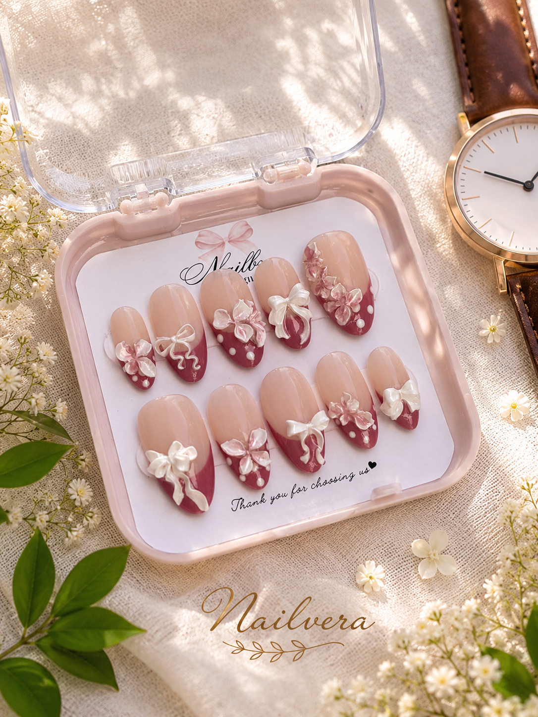 Pink Coquette Press-On Nails – Handmade 3D Bow & Floral Gel Nail Set