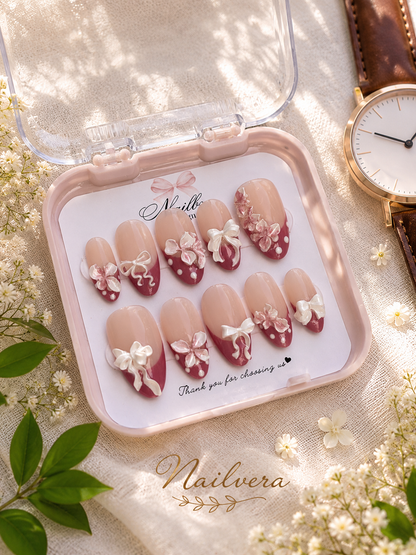 Pink Coquette Press-On Nails – Handmade 3D Bow & Floral Gel Nail Set