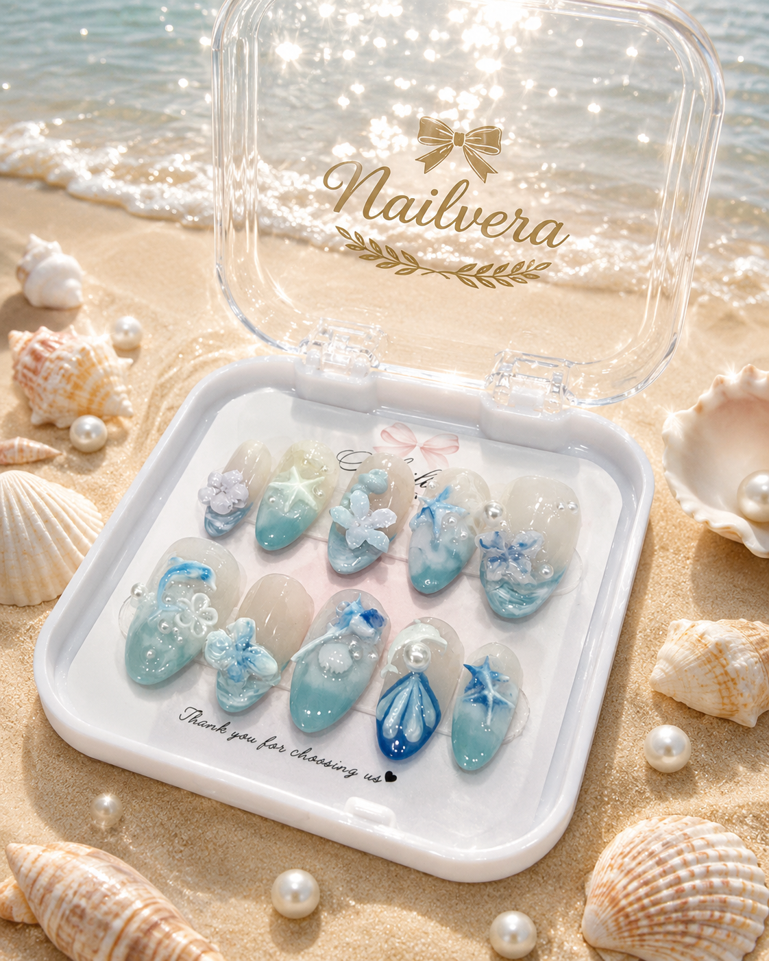 Ocean Breeze Press-On Nails – Handmade 3D Seashell & Starfish Summer Gel Nail Set