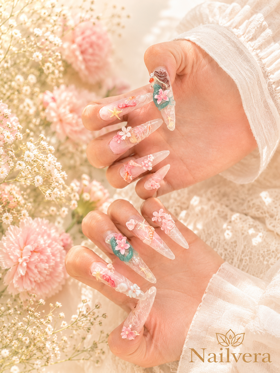 Mermaid Fantasy Press-On Nails – Handmade Ocean Princess 3D Gel Nail Set