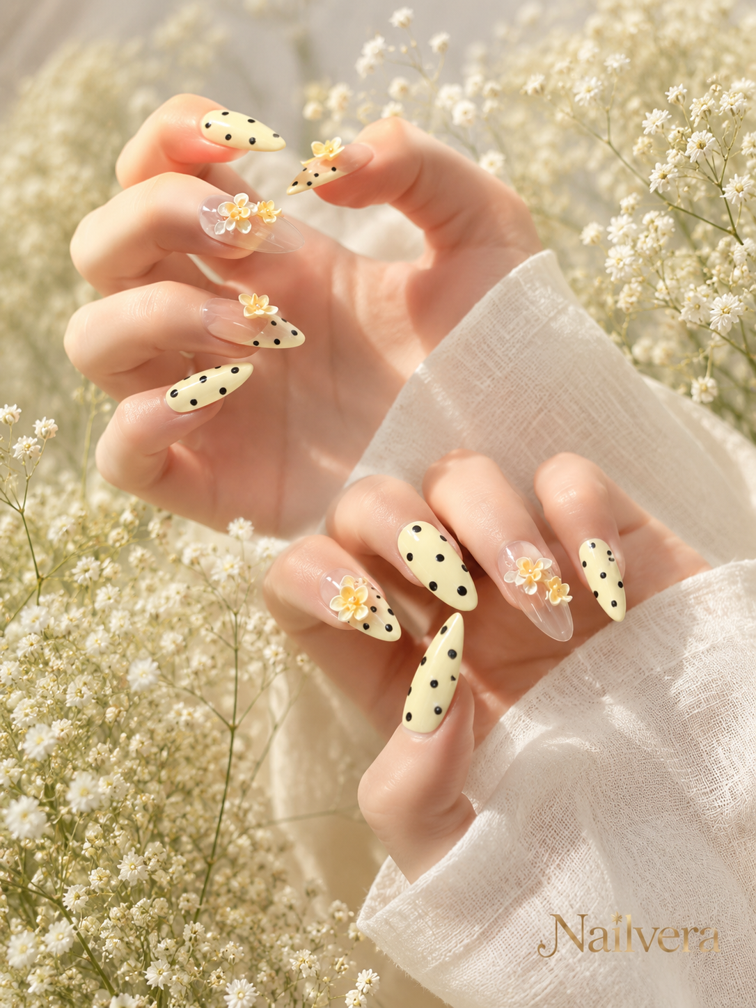 Butter Yellow Press-On Nails – Handmade 3D Plumeria Floral Gel Nail Set