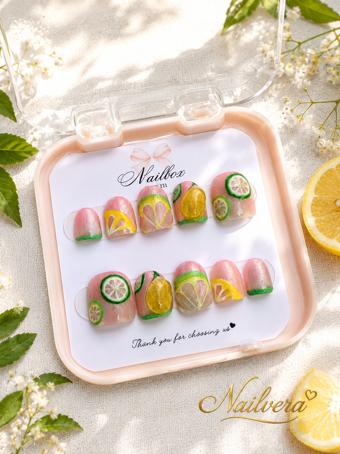 Citrus Press-On Nails – Handmade Lemon & Lime Fruit Gel Nail Se
