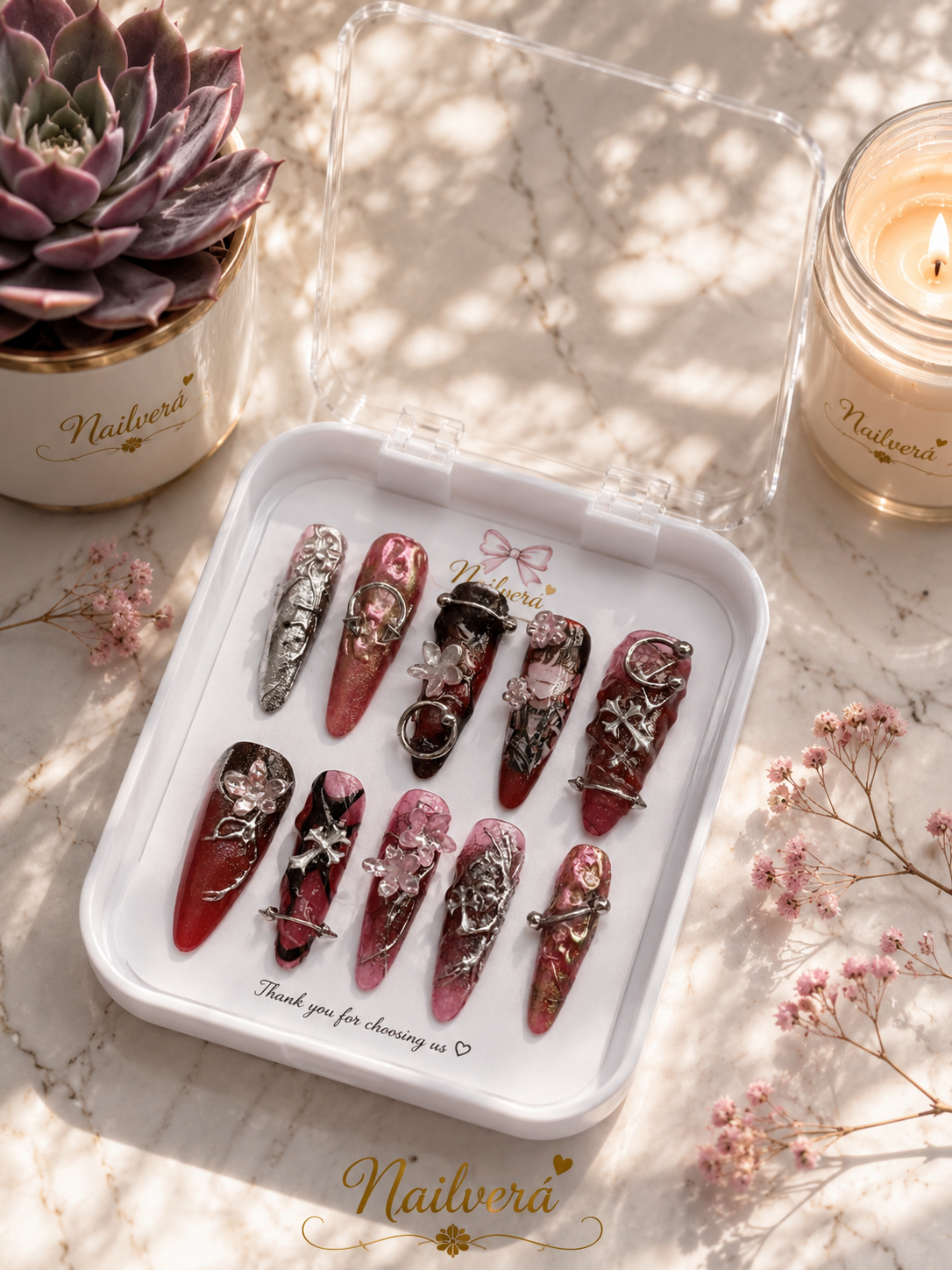 Dark Anime Press-On Nails – Handmade Gothic Y2K Chrome Gel Nail Set
