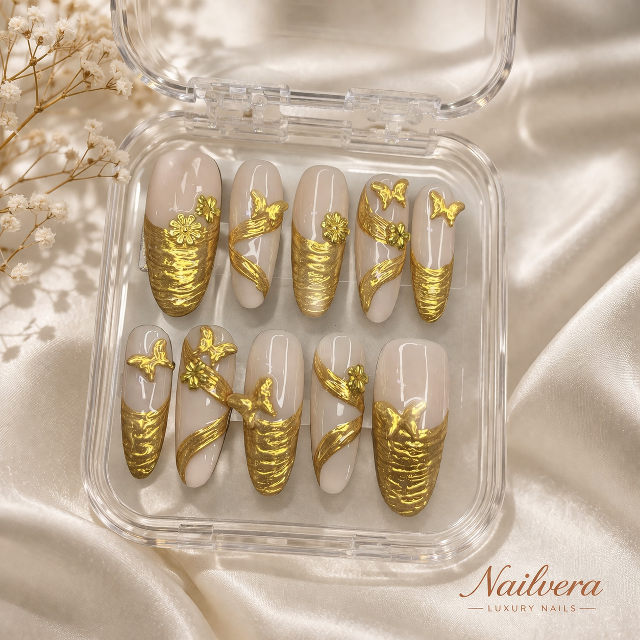 Golden Butterfly Luxury Press-On Nails – Nude Gold 3D Design | Nailvera Luxury Nails