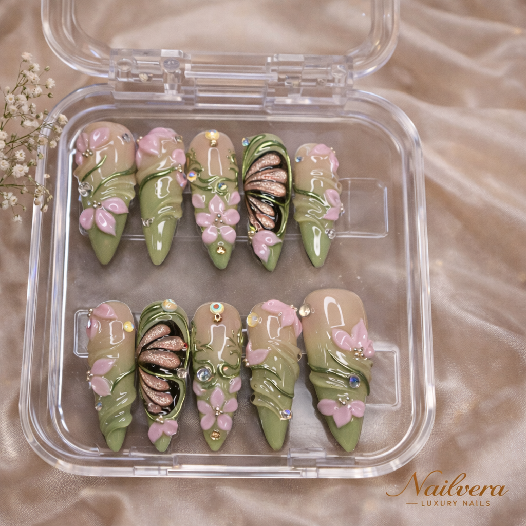 Botanical Bloom Press-On Nails – Green Floral 3D Nature Design | Nailvera Luxury Nails