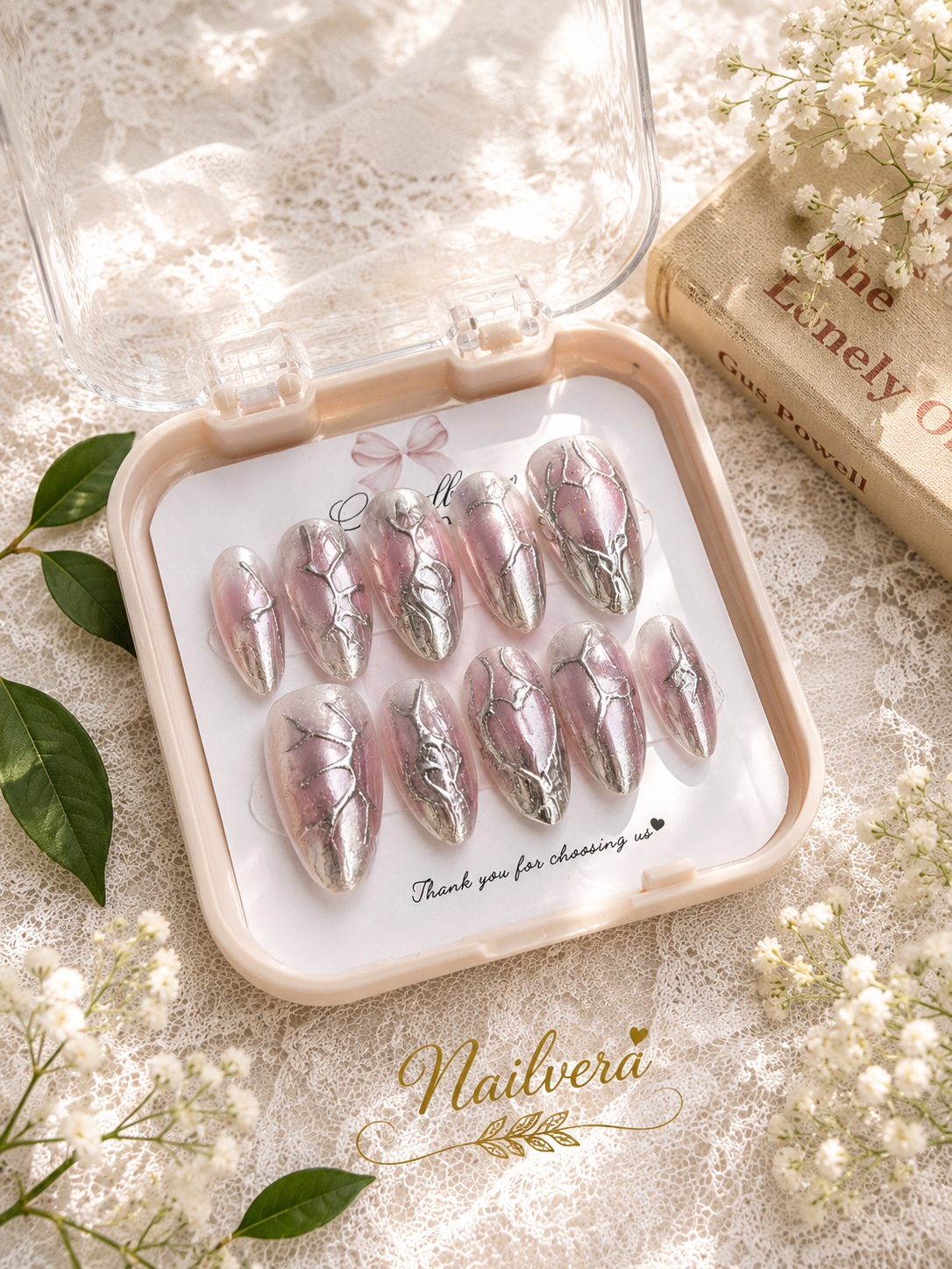 Y2K Chrome Press-On Nails – Handmade Silver Metallic Design