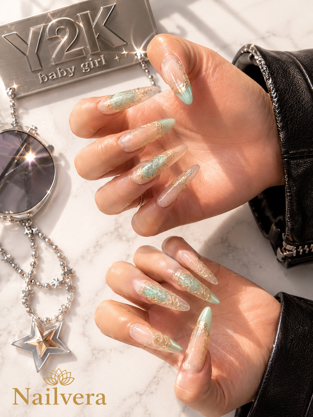 Jade Pearl Press-On Nails – Handmade Gold Marble Luxury Gel Nail Set