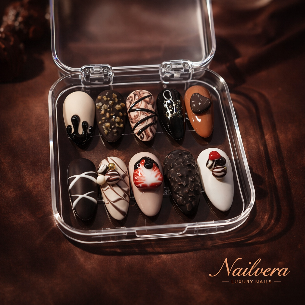 Chocolate Delight Press-On Nails – 3D Sweet Dessert Design | Nailvera Luxury Nails