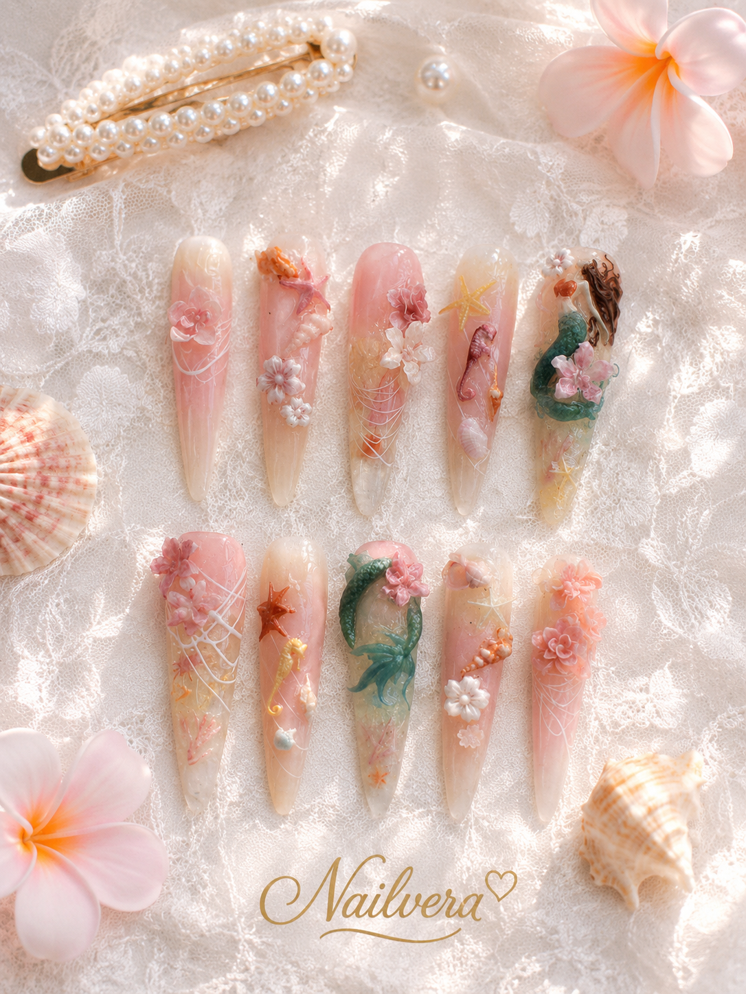 Mermaid Fantasy Press-On Nails – Handmade Ocean Princess 3D Gel Nail Set