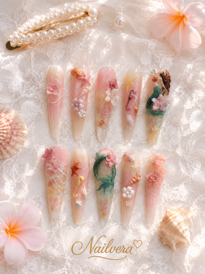 Mermaid Fantasy Press-On Nails – Handmade Ocean Princess 3D Gel Nail Set