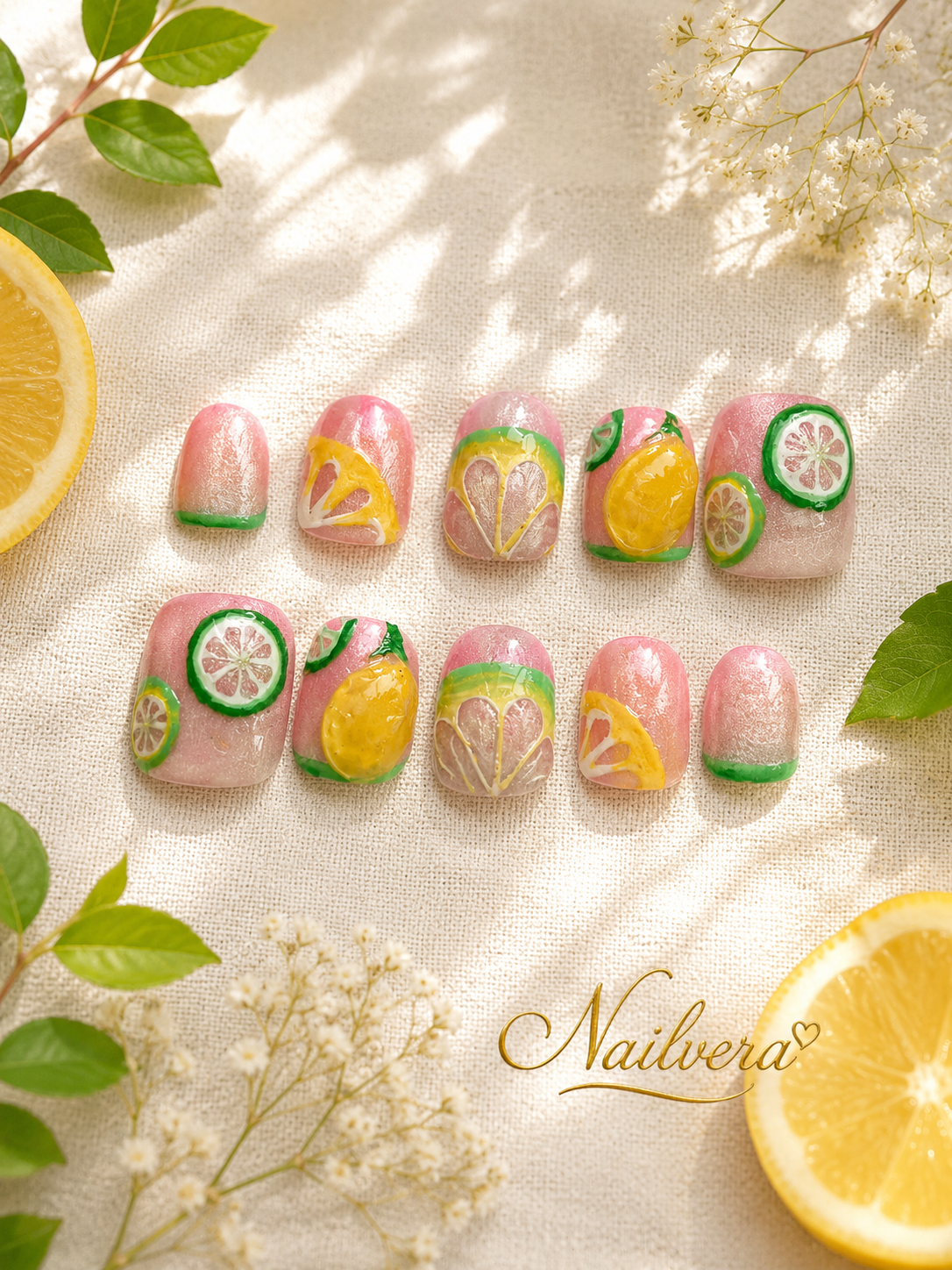 Citrus Press-On Nails – Handmade Lemon & Lime Fruit Gel Nail Se