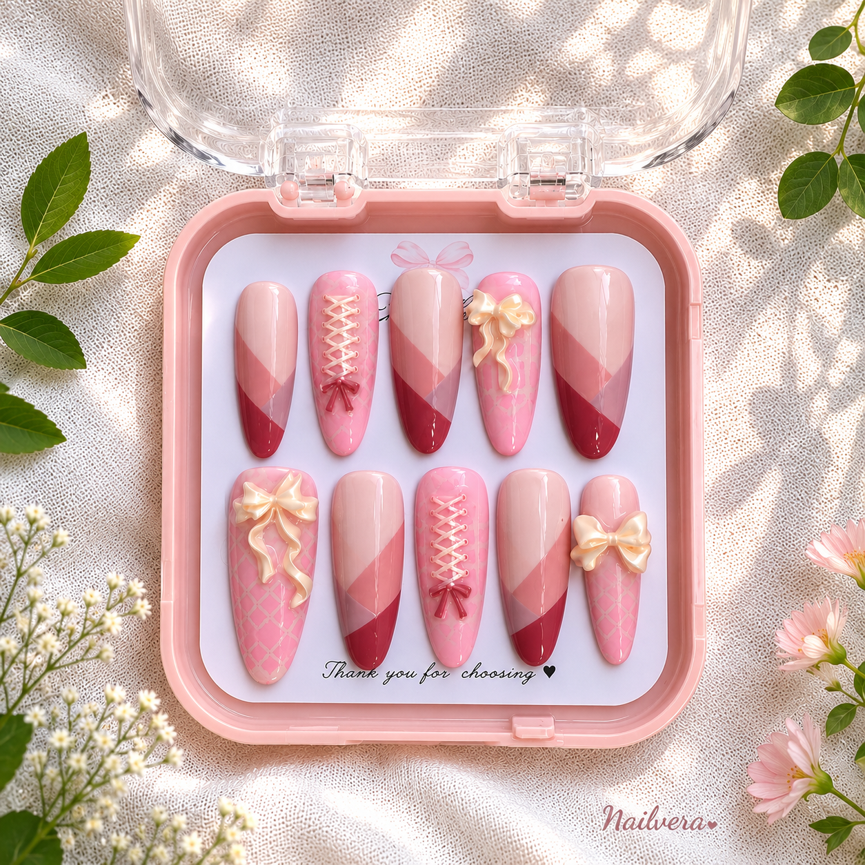 Pink Coquette Handmade Press-On Nails with 3D Bow & Corset Design