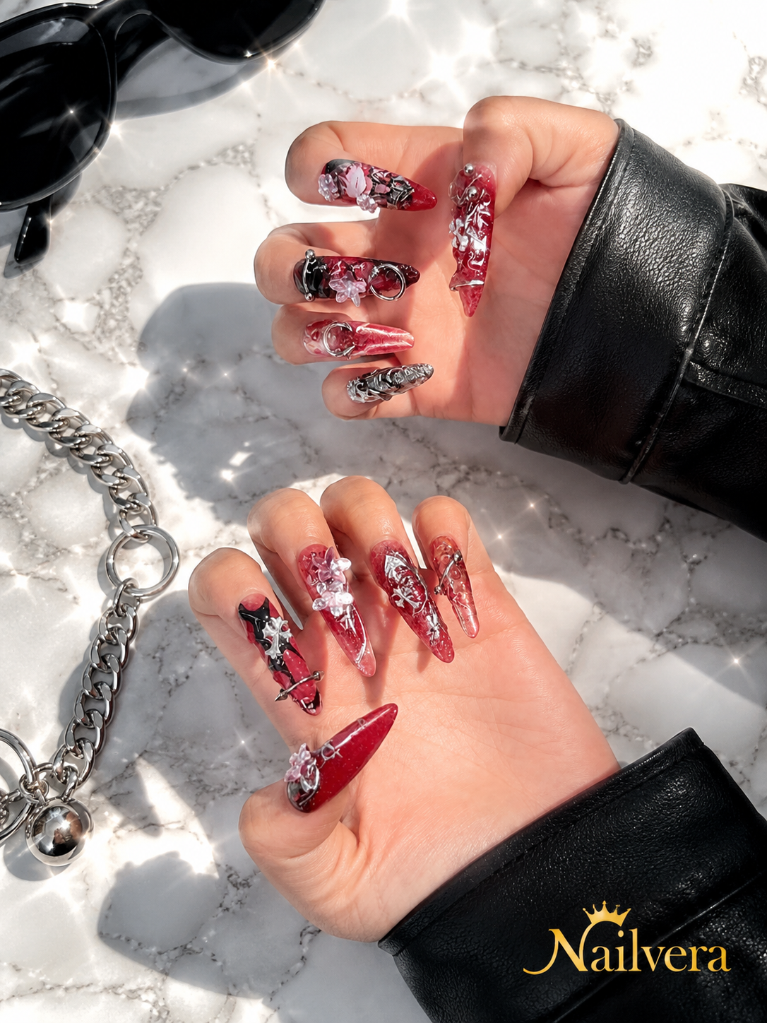 Dark Anime Press-On Nails – Handmade Gothic Y2K Chrome Gel Nail Set