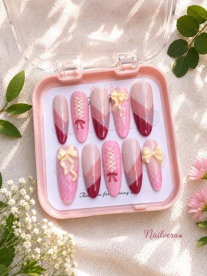 Pink Coquette Handmade Press-On Nails with 3D Bow & Corset Design