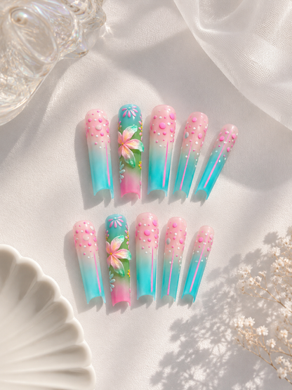 Pastel Aura 3D Press-On Nails – Long Stiletto Gradient Nails with Floral Art | Nailvera