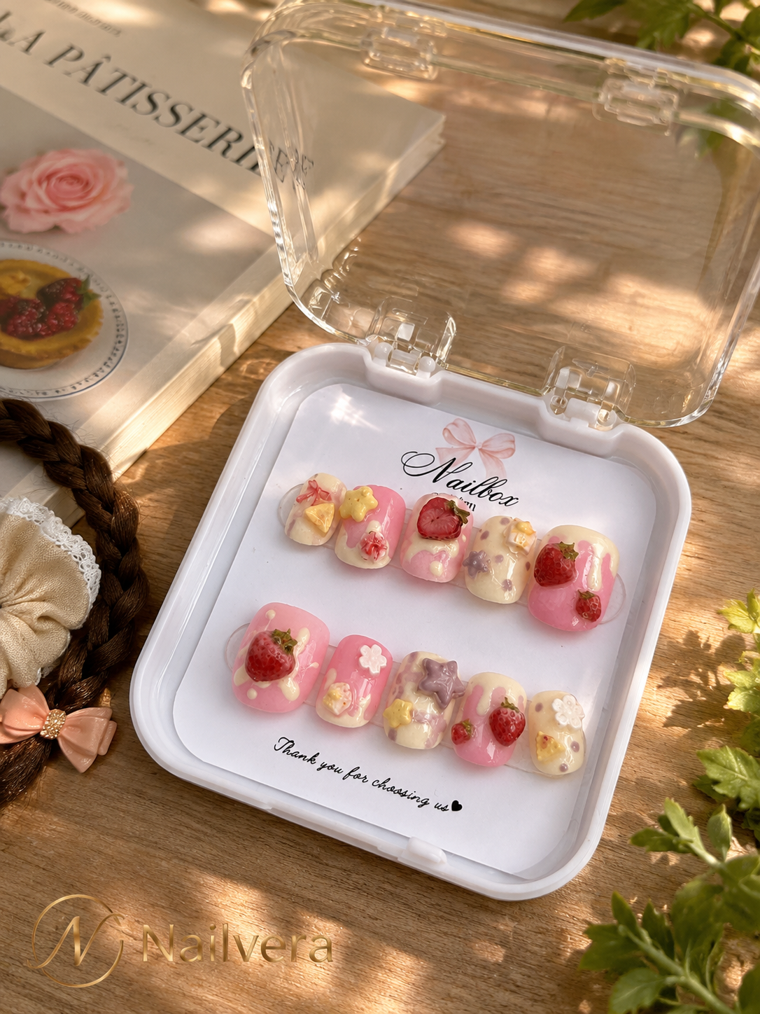 Strawberry Dessert Press-On Nails – Handmade 3D Kawaii Gel Nail Set