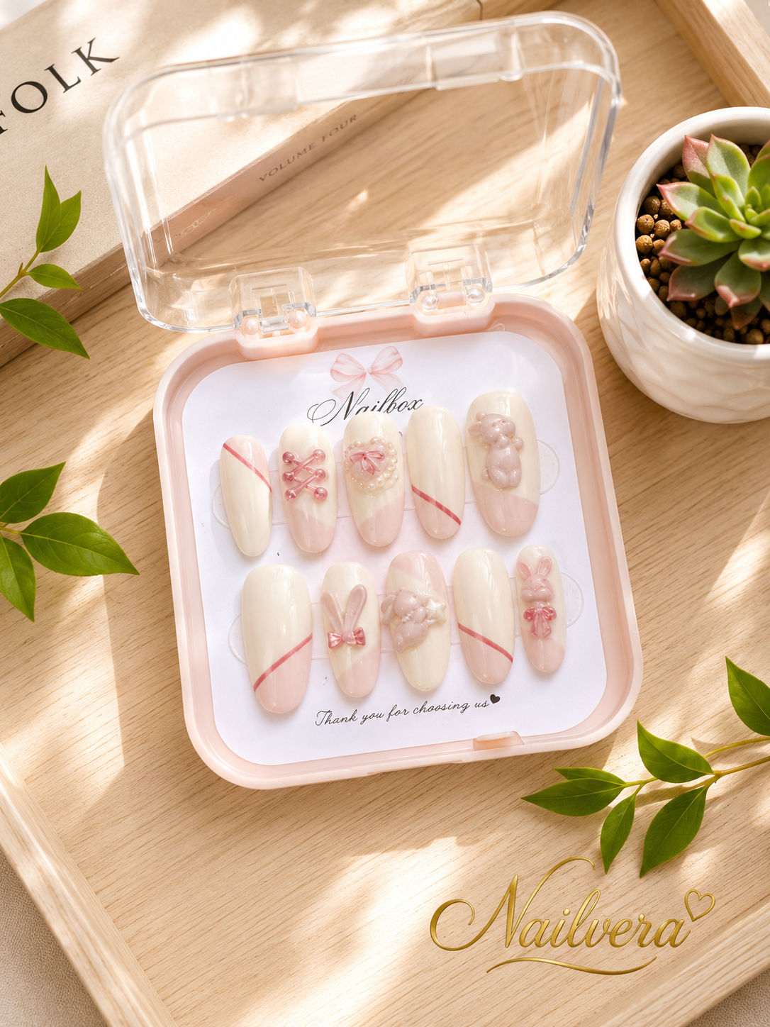 Bunny Coquette Press-On Nails – Handmade 3D Rabbit & Bow Gel Nail Set