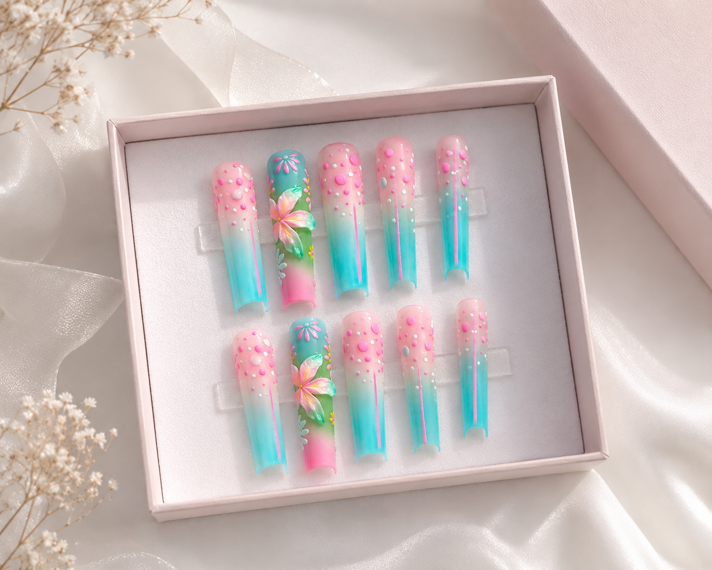 Pastel Aura 3D Press-On Nails – Long Stiletto Gradient Nails with Floral Art | Nailvera