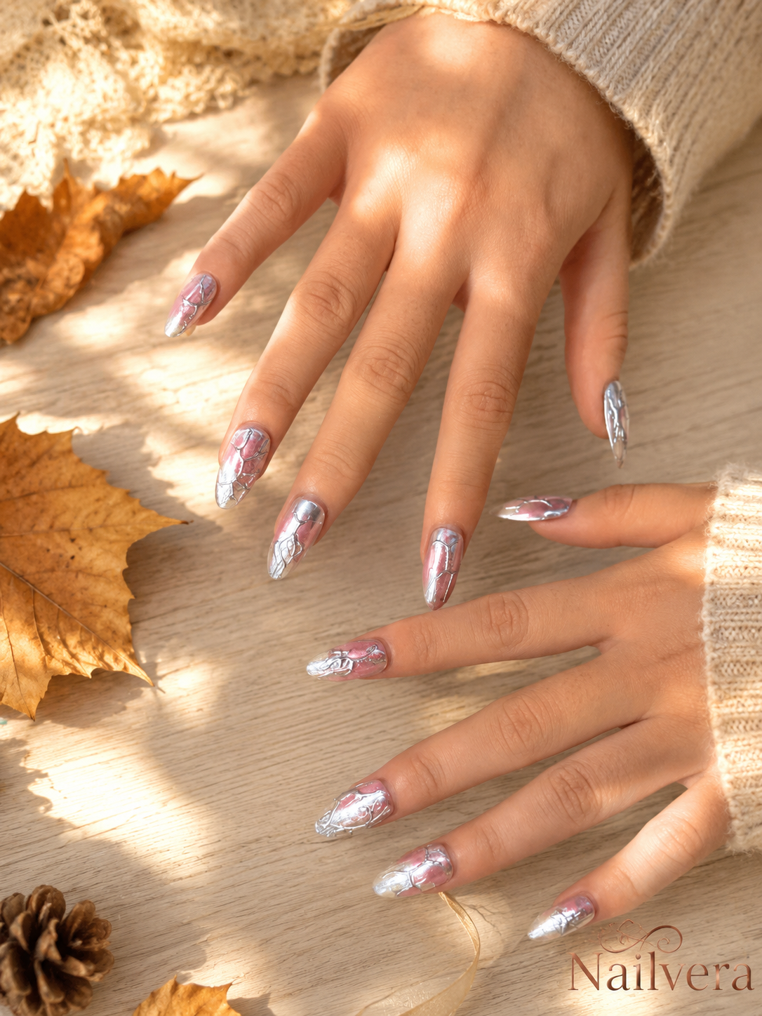 Y2K Chrome Press-On Nails – Handmade Silver Metallic Design
