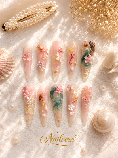 Mermaid Fantasy Press-On Nails – Handmade Ocean Princess 3D Gel Nail Set