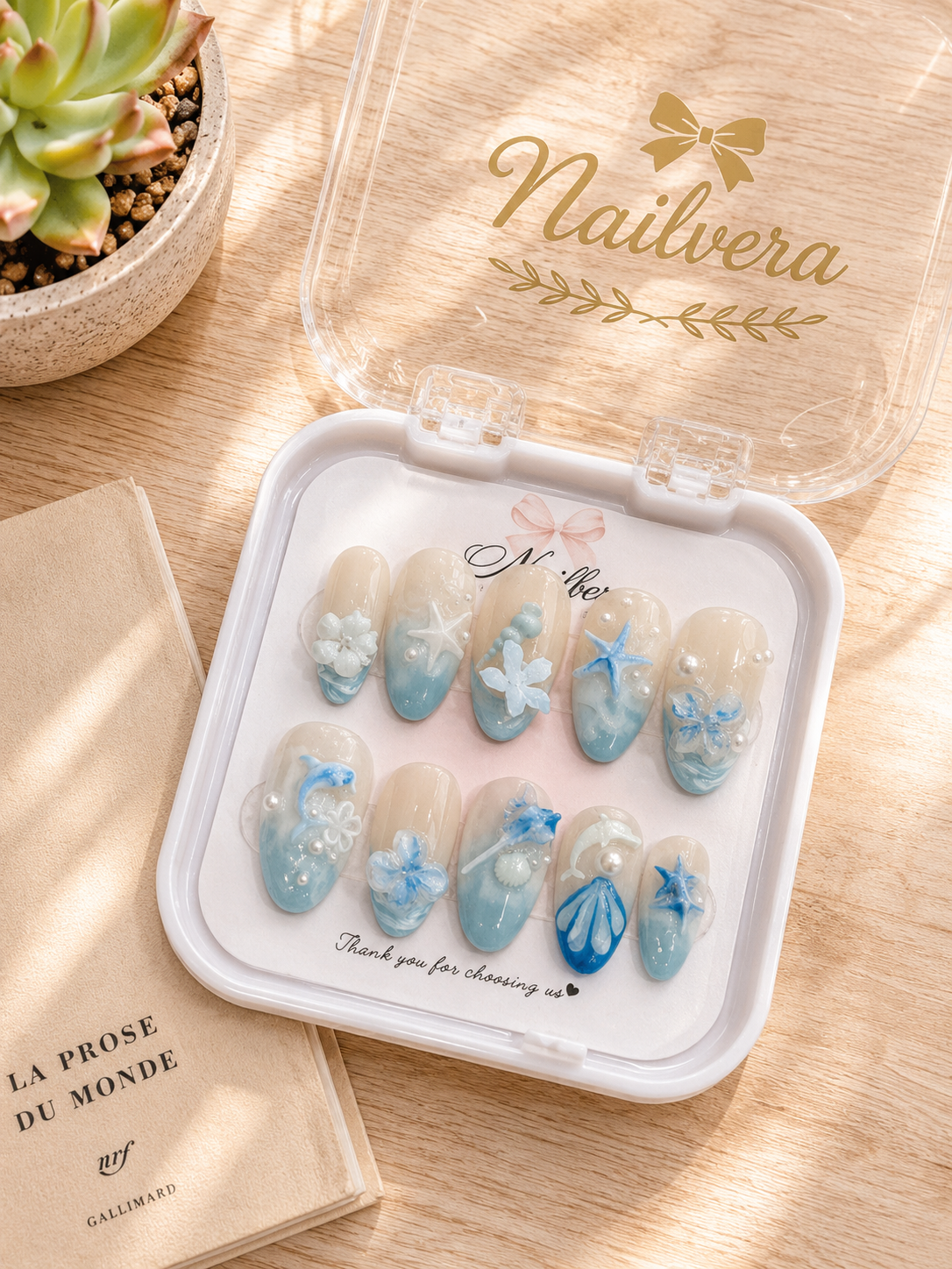 Ocean Breeze Press-On Nails – Handmade 3D Seashell & Starfish Summer Gel Nail Set