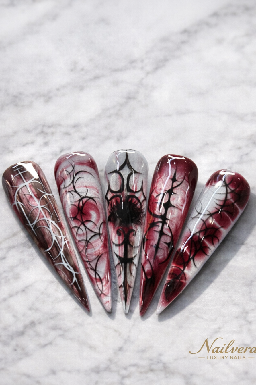 Gothic Spider Press-On Nails – Dark Red Web Design | Nailvera Luxury Nails