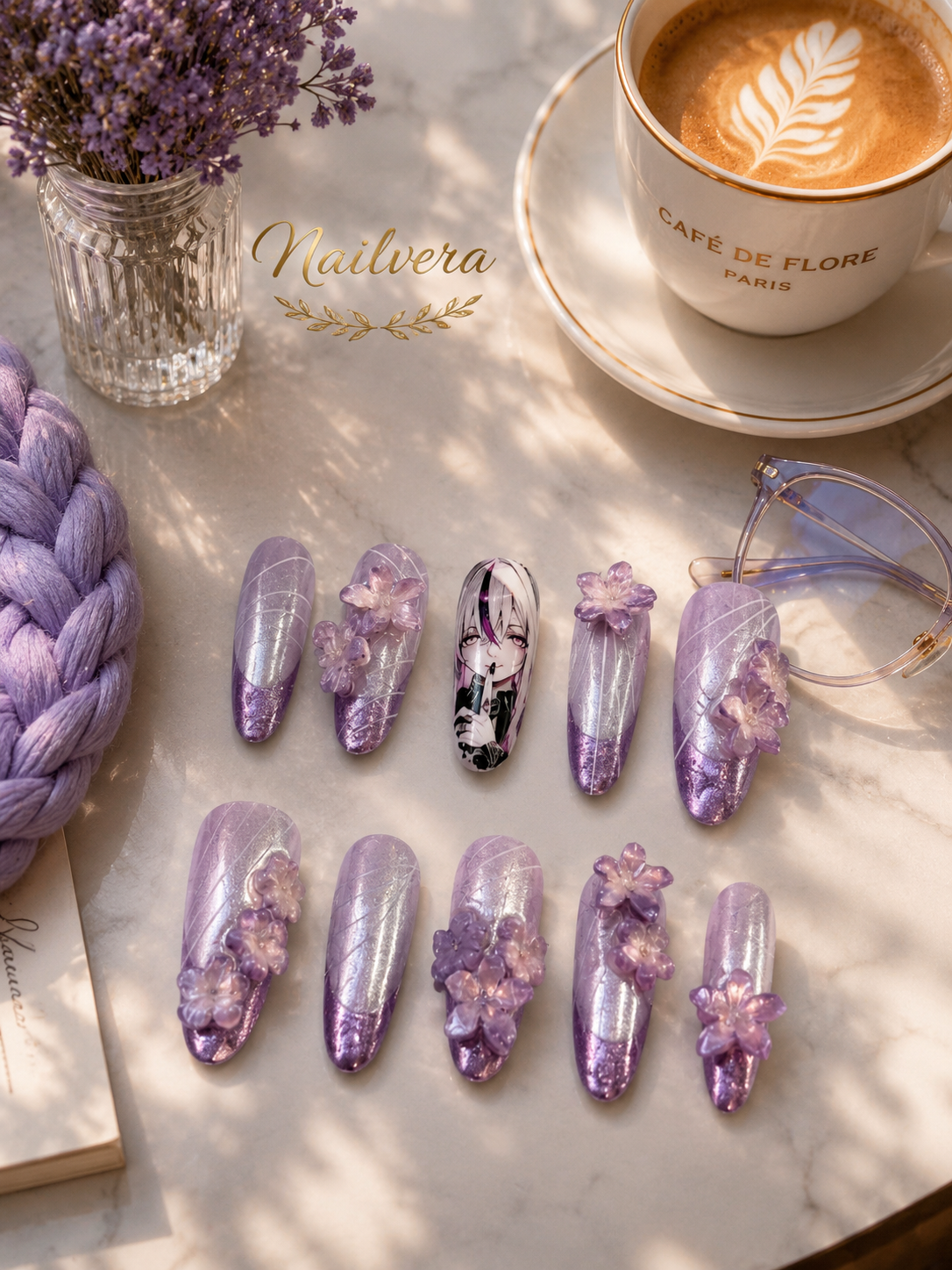 Lavender Anime Press-On Nails – Handmade 3D Sakura Gel Nail Set