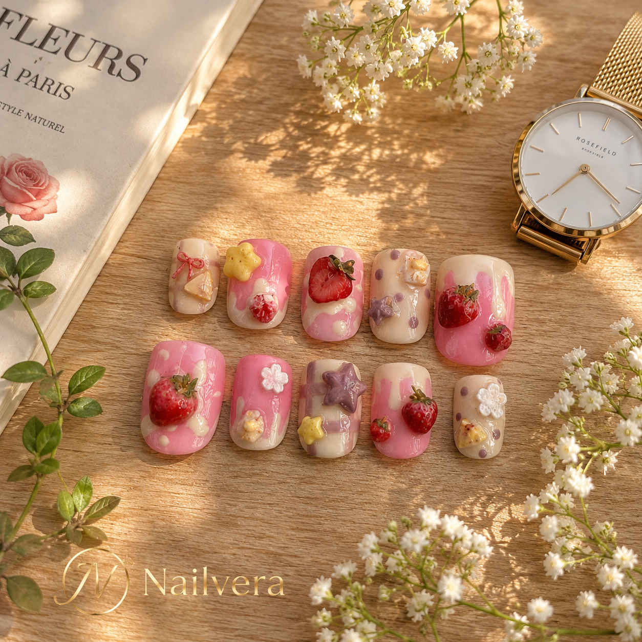 Strawberry Dessert Press-On Nails – Handmade 3D Kawaii Gel Nail Set