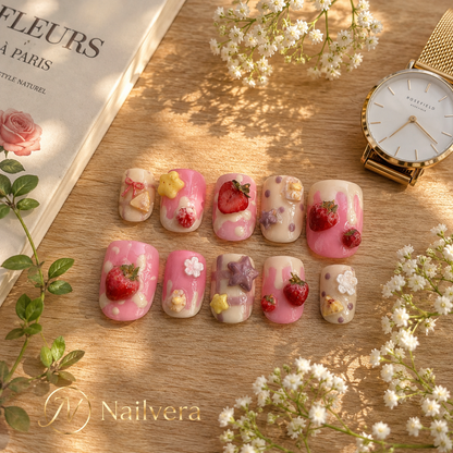 Strawberry Dessert Press-On Nails – Handmade 3D Kawaii Gel Nail Set