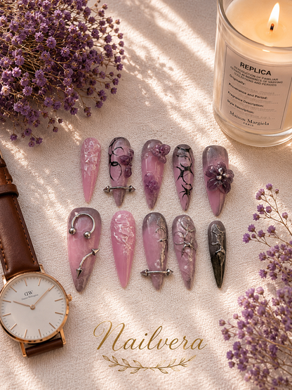Lavender Gothic Press-On Nails – Handmade 3D Floral Chrome Gel Nail Set